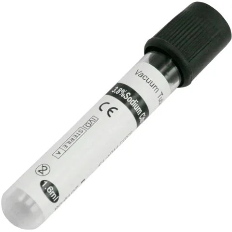 Vacutainer VSH 1.6 ml, cu capac negru, Na Citrat 3,8%, sticla, 8x120 mm, PRIMA, 100 bucati