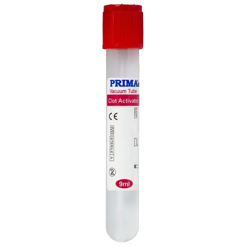 PRIMA Vacutainer Biochimie, Capac Rosu, cu activator de coagulare, volum aspiratie 9ml, tub sticla 13x100mm, Steril, 100 bucati
