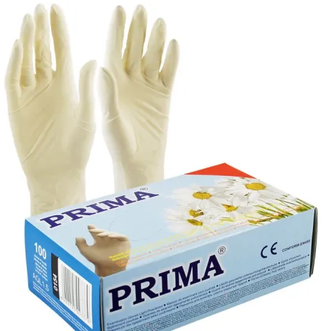 Manusi examinare albe din latex, usor pudrate, PRIMA, marimi XS-XL, 100 bucati