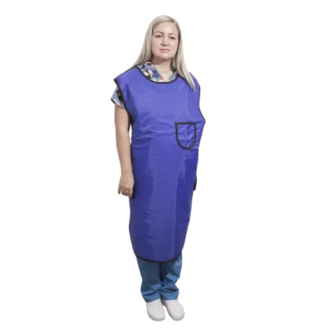 Sort radioprotectie frontala cu plumb 0.50 mm Pb, albastru, inchidere scai, marimi S-XL