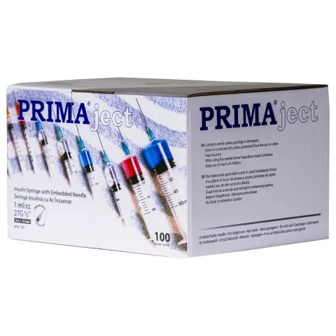Seringi insulina PRIMA 1 ml cu ac fix 27G 1/2" (0.4 x 13 mm), 100 bucati