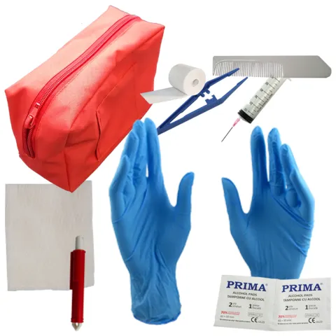 Trusa de prim ajutor pentru animale, contine comprese sterile tifon, bandaj coeziv, tampoane alcool, forceps plastic, manusi vinil, dispozitiv de scos capusele, seringi,1 set