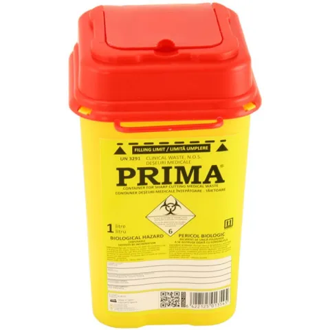 Recipient plastic pentru deseuri intepatoare, 1 litru, PRIMA, galben, unica folosinta, certificat ADR