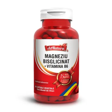 Magneziu bisglicinat + vitamina B6, pentru reducerea oboselii si a extenuarii, Ad Natura, 60 capsule
