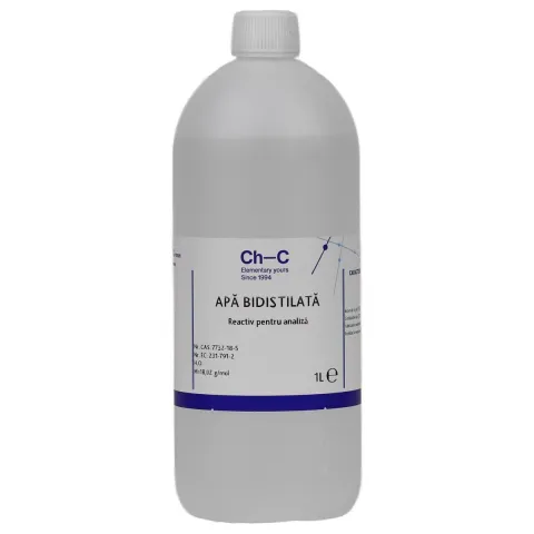 Apa bidistilata, incolora, inodora, pentru uz medical, cosmetic si auto, 1 L