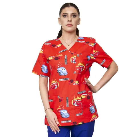 Bluza medicala unisex VED Imprimeu, maneca scurta, 3 buzunare, model pediatric cu masinute, XS