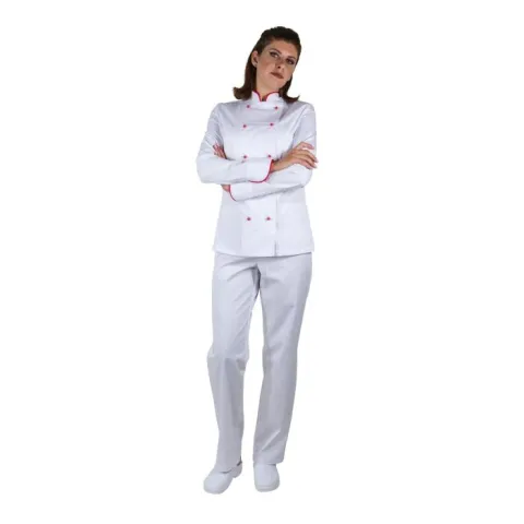 Camasa bucatar dama GIA Premium alba cu bordura rosie