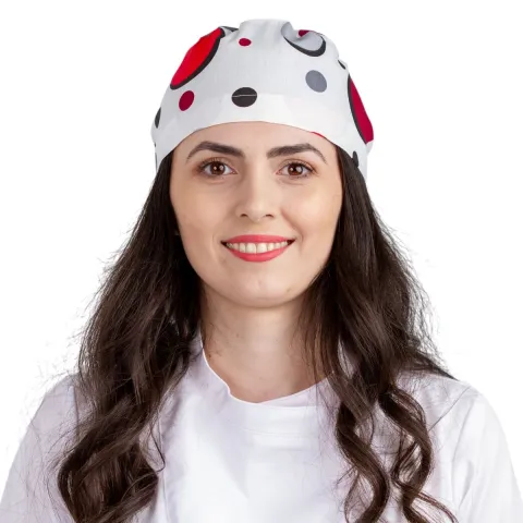Boneta medicala PRIMA Imprimeu buline rosii, unisex, cu legaturi, bumbac