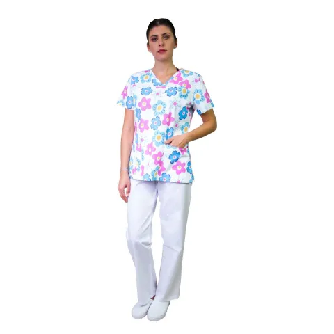 Bluza dama TINA Imprimeu flori albastre/roz, XS - Uniforma Medicala