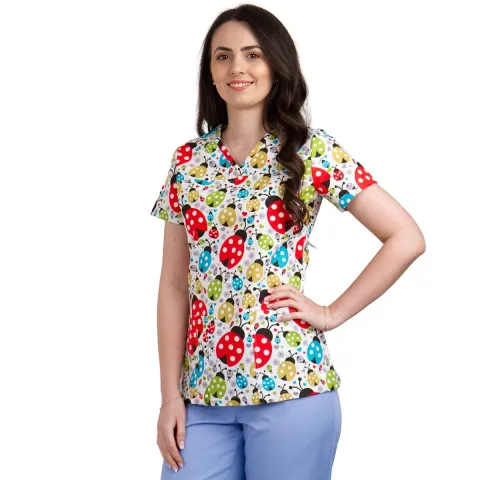 Bluza dama TINA Imprimeu buburuze, XS - Uniforma Medicala