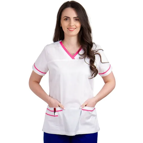 Bluza medicala dama, TINA Premium, maneca scurta, 3 buzunare, alb/roz, S