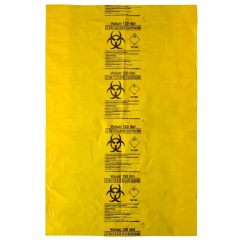 Saci galbeni pericol biologic 120L (700x1000x0.05 mm) BIOHAZARD ADR, 50 microni, 50 bucati - saci deseuri medicale certificati