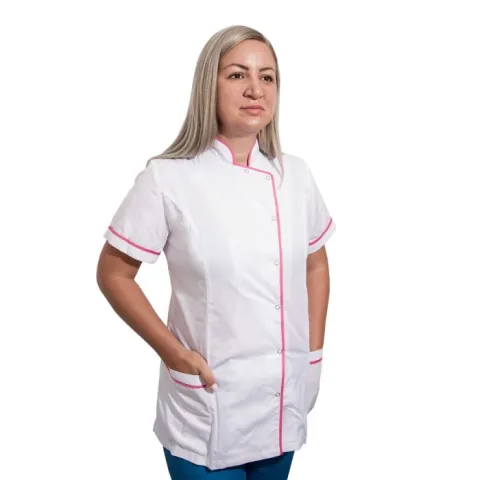 Tunica dama EMA Premium alba cu bordura roz inchis - Uniforma Medicala