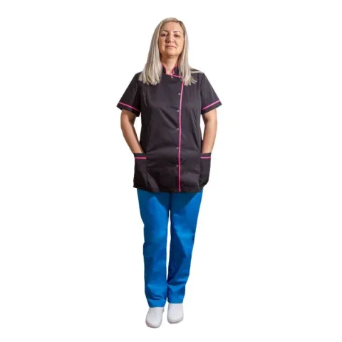 Tunica dama EMA Premium neagra cu bordura roz inchis - Uniforma Medicala